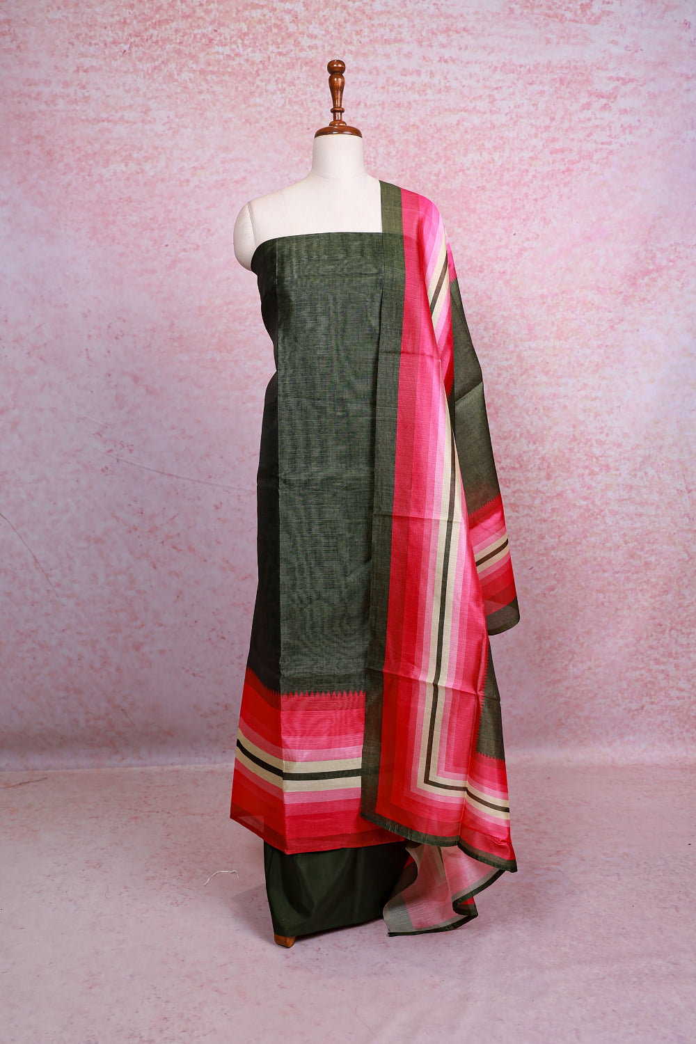 Dark Green Semi Tussar Plain Body Unstitched Churidhar Material