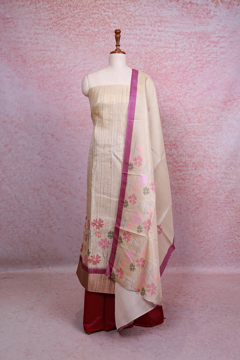 Cream Semi Silk Stripes Unstitched Churidhar Material