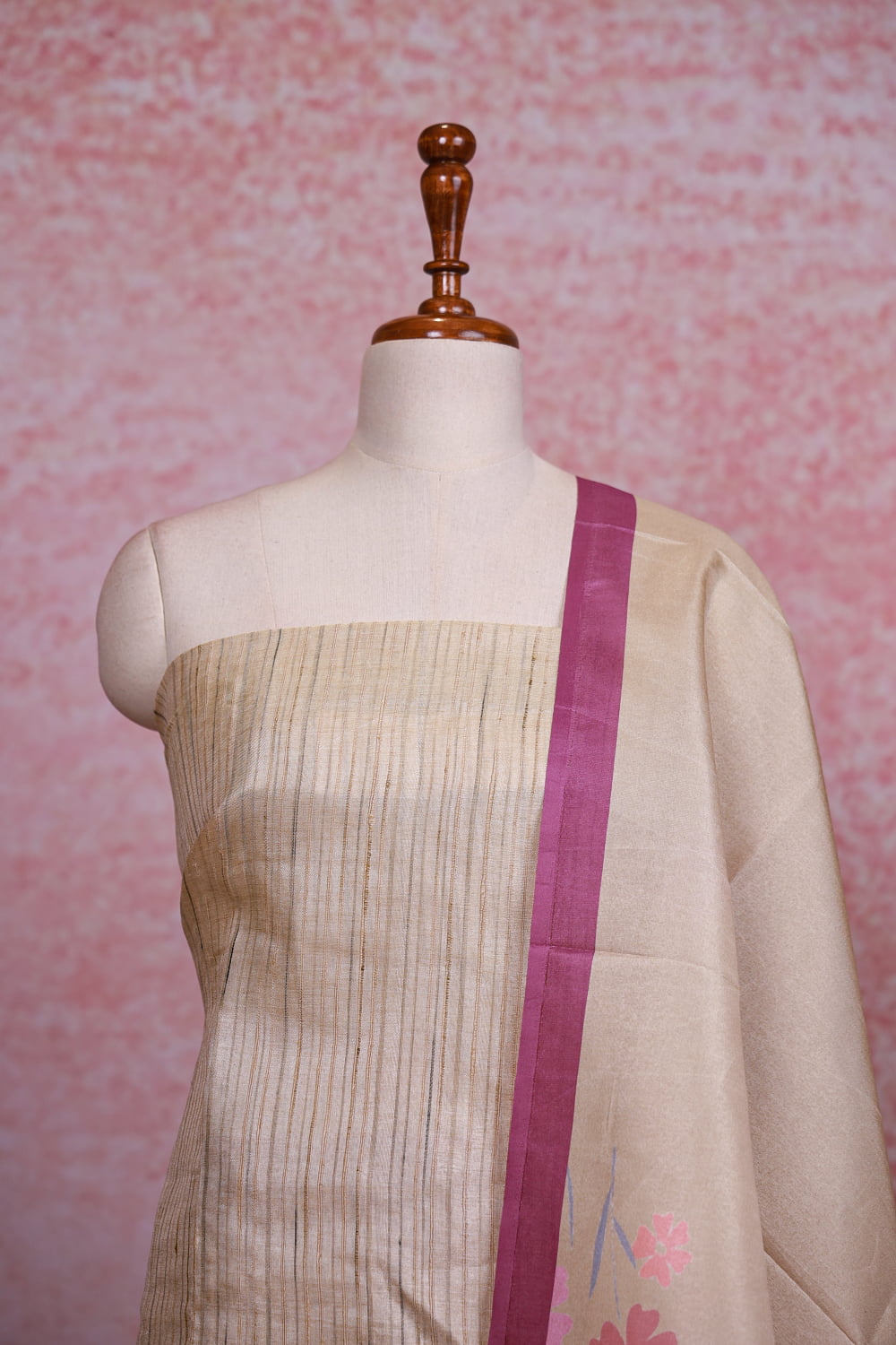 Cream Semi Silk Stripes Unstitched Churidhar Material