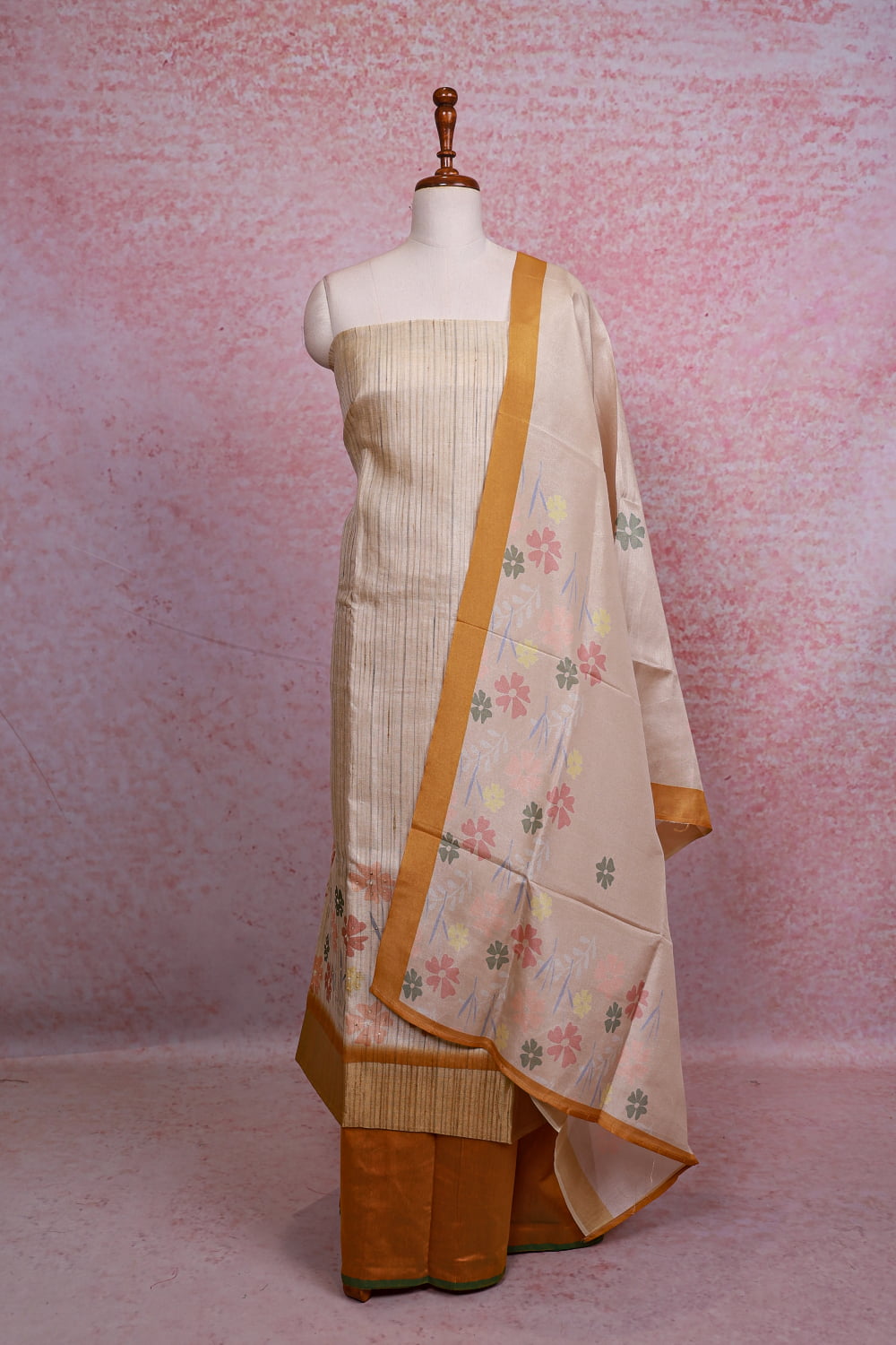 Cream Semi Silk Stripes Unstitched Churidhar Material
