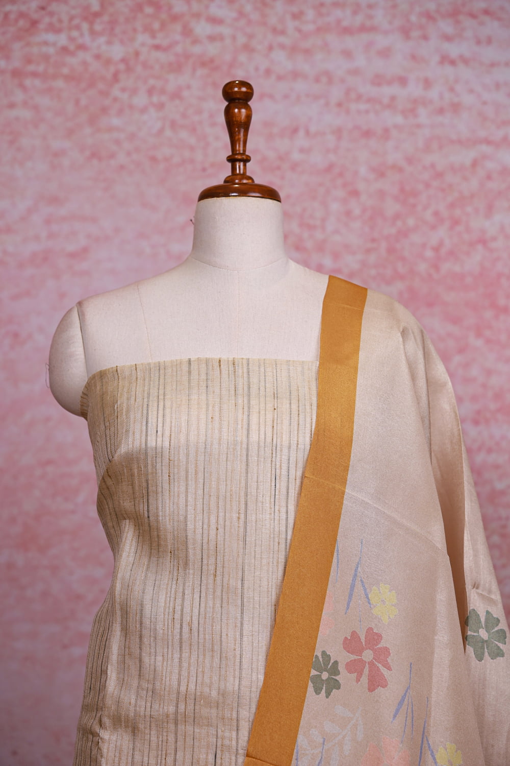 Cream Semi Silk Stripes Unstitched Churidhar Material