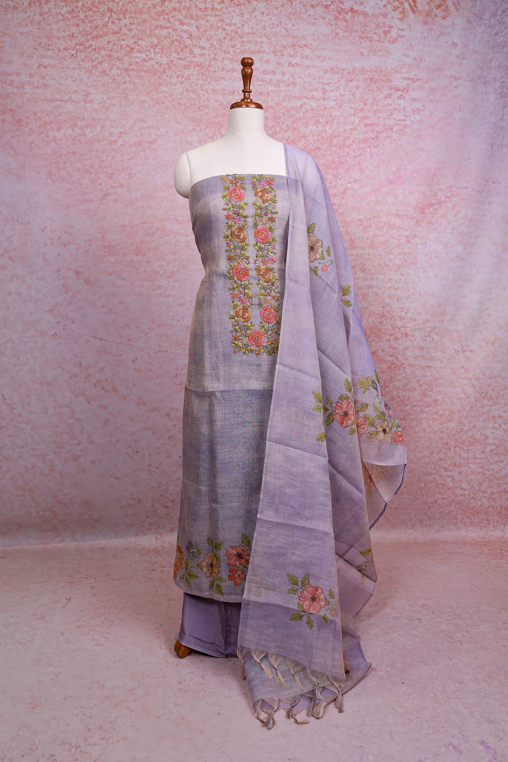 Light Lavender Linen Tissue Embroidery Unstitched Churidhar Material