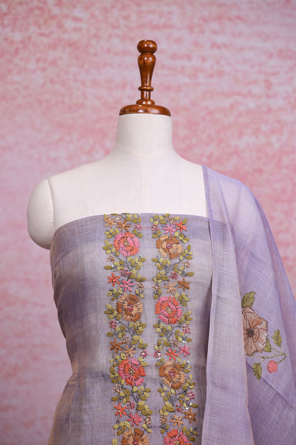 Light Lavender Linen Tissue Embroidery Unstitched Churidhar Material