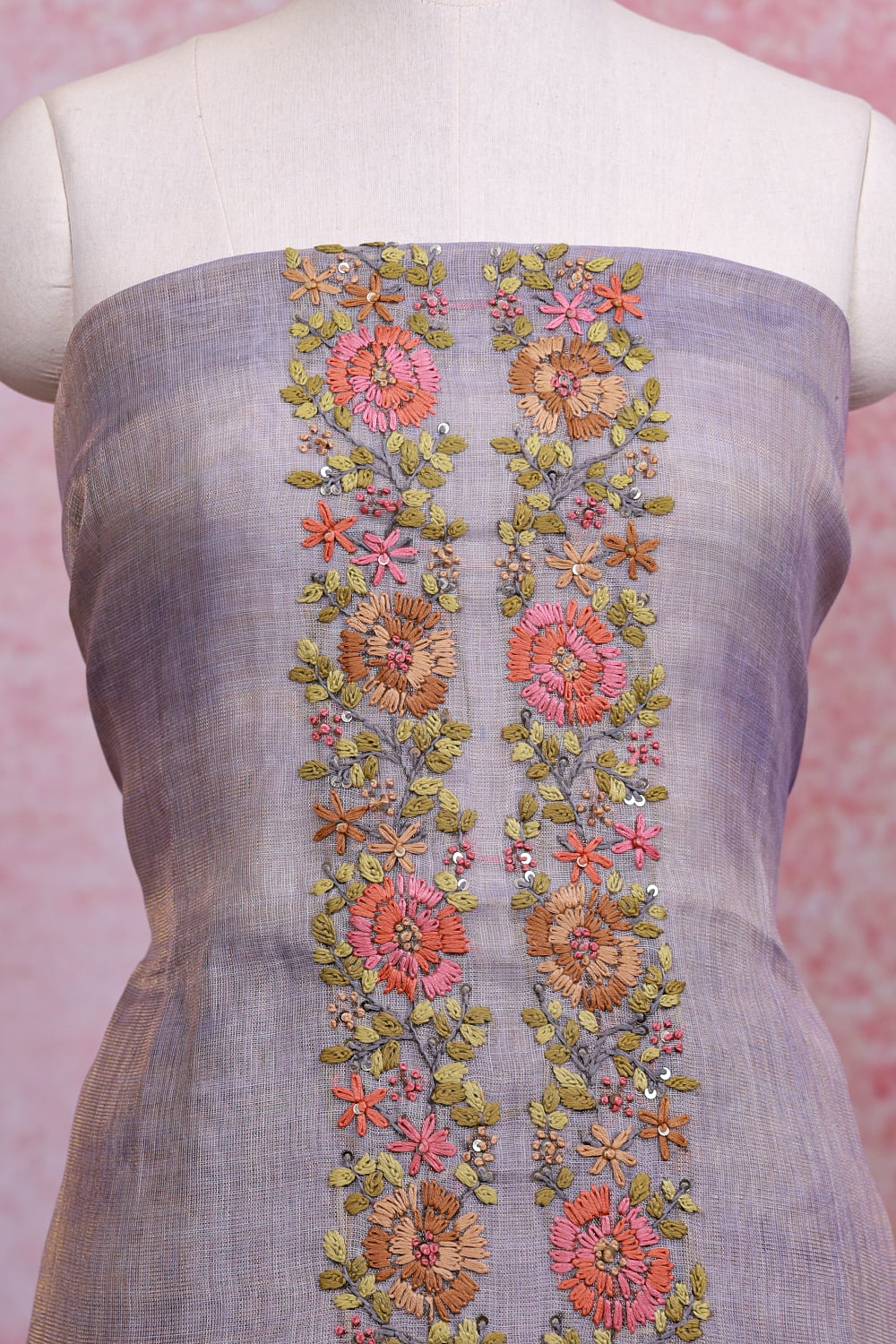 Light Lavender Linen Tissue Embroidery Unstitched Churidhar Material
