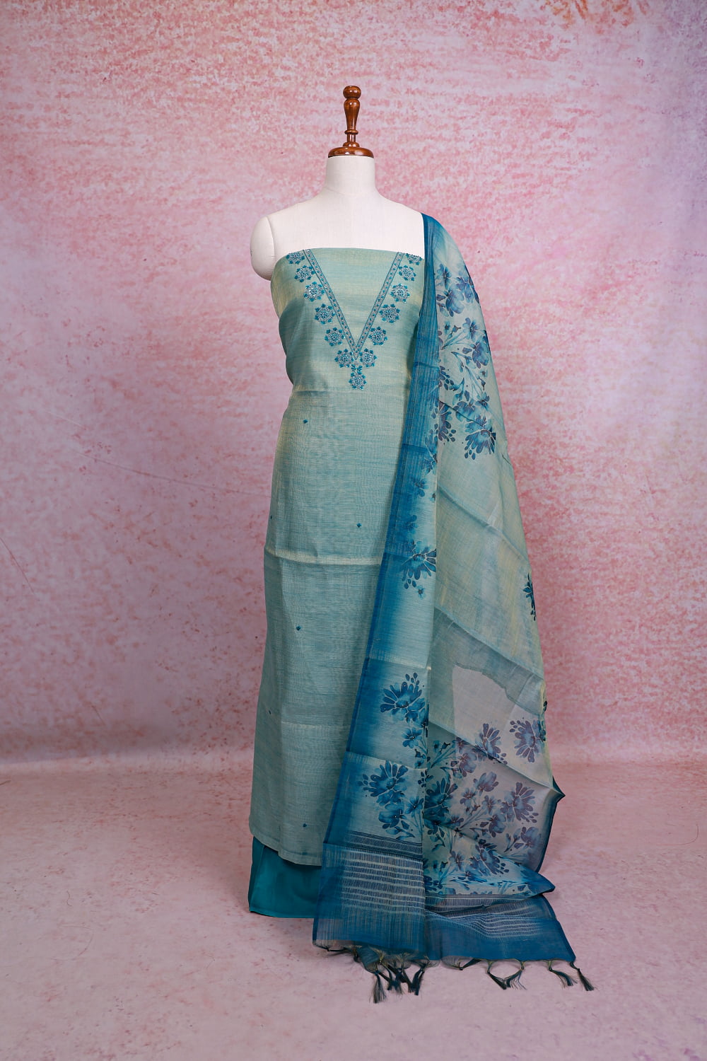 Light Blue Chanderi Silk Plain Body Unstitched Churidhar Material