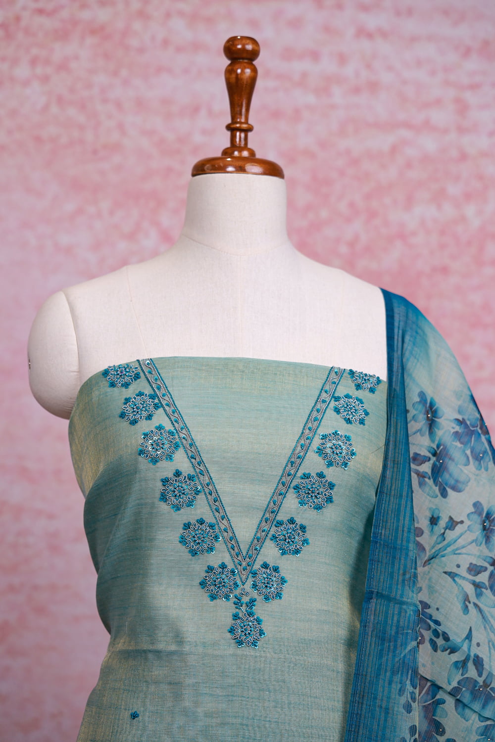 Light Blue Chanderi Silk Plain Body Unstitched Churidhar Material