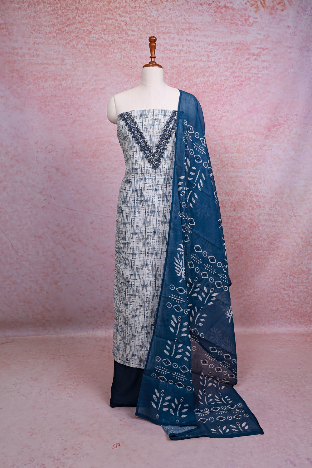 Off White Linen Printed Unstitched Churidhar Material