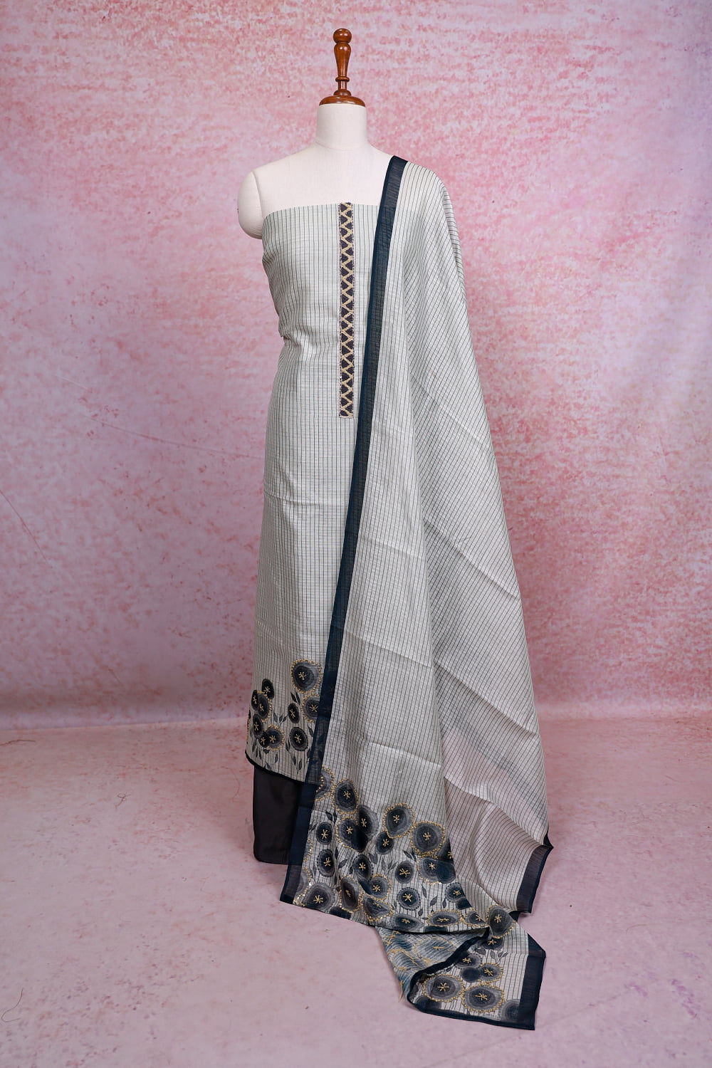 Cream Linen Lines Unstitched Churidhar Material