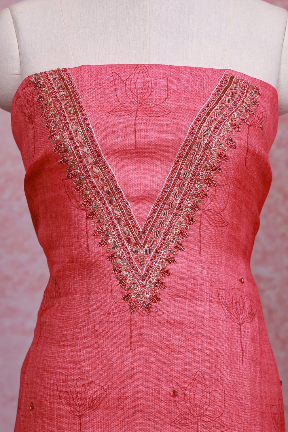 Coral Red Linen Printed Unstitched Churidhar Material
