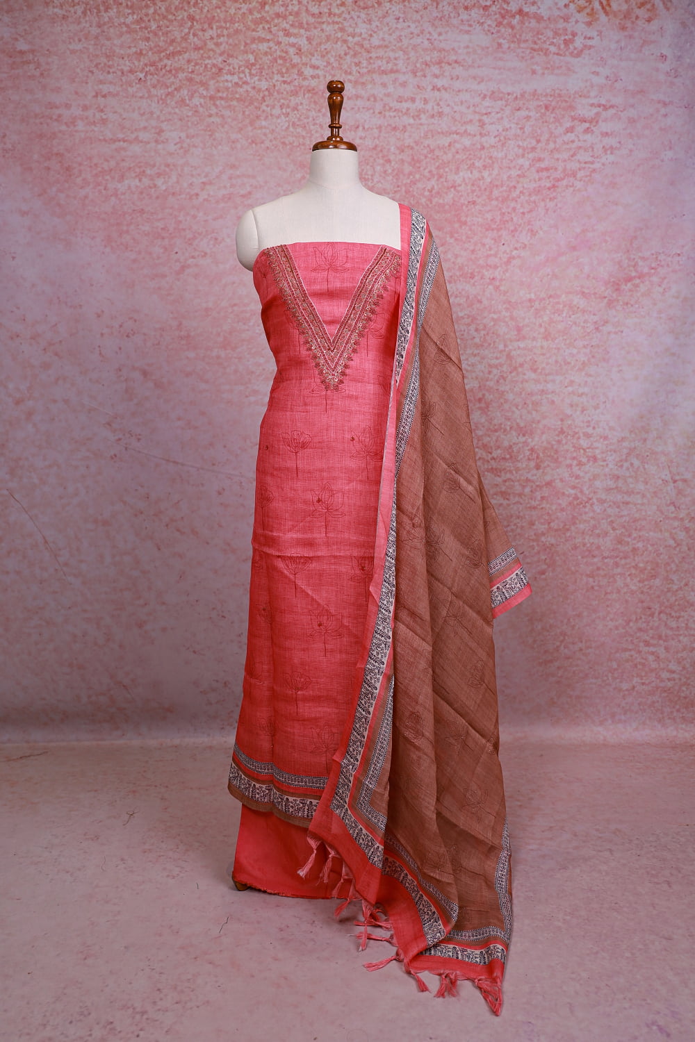 Coral Red Linen Printed Unstitched Churidhar Material