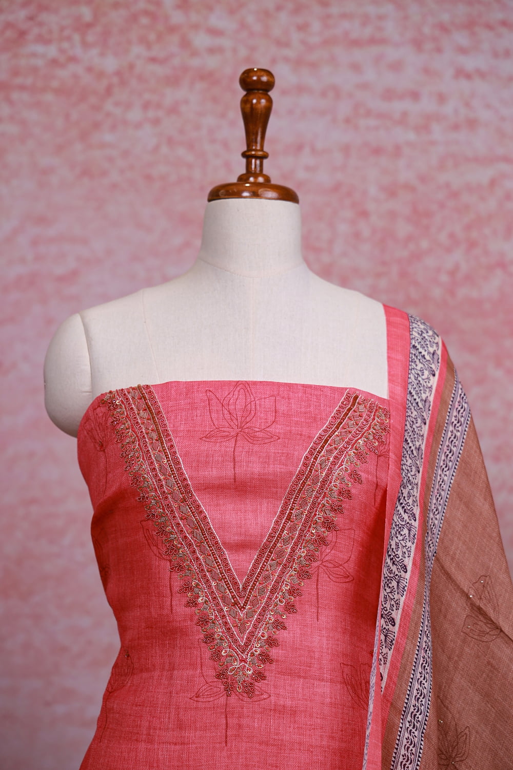 Coral Red Linen Printed Unstitched Churidhar Material