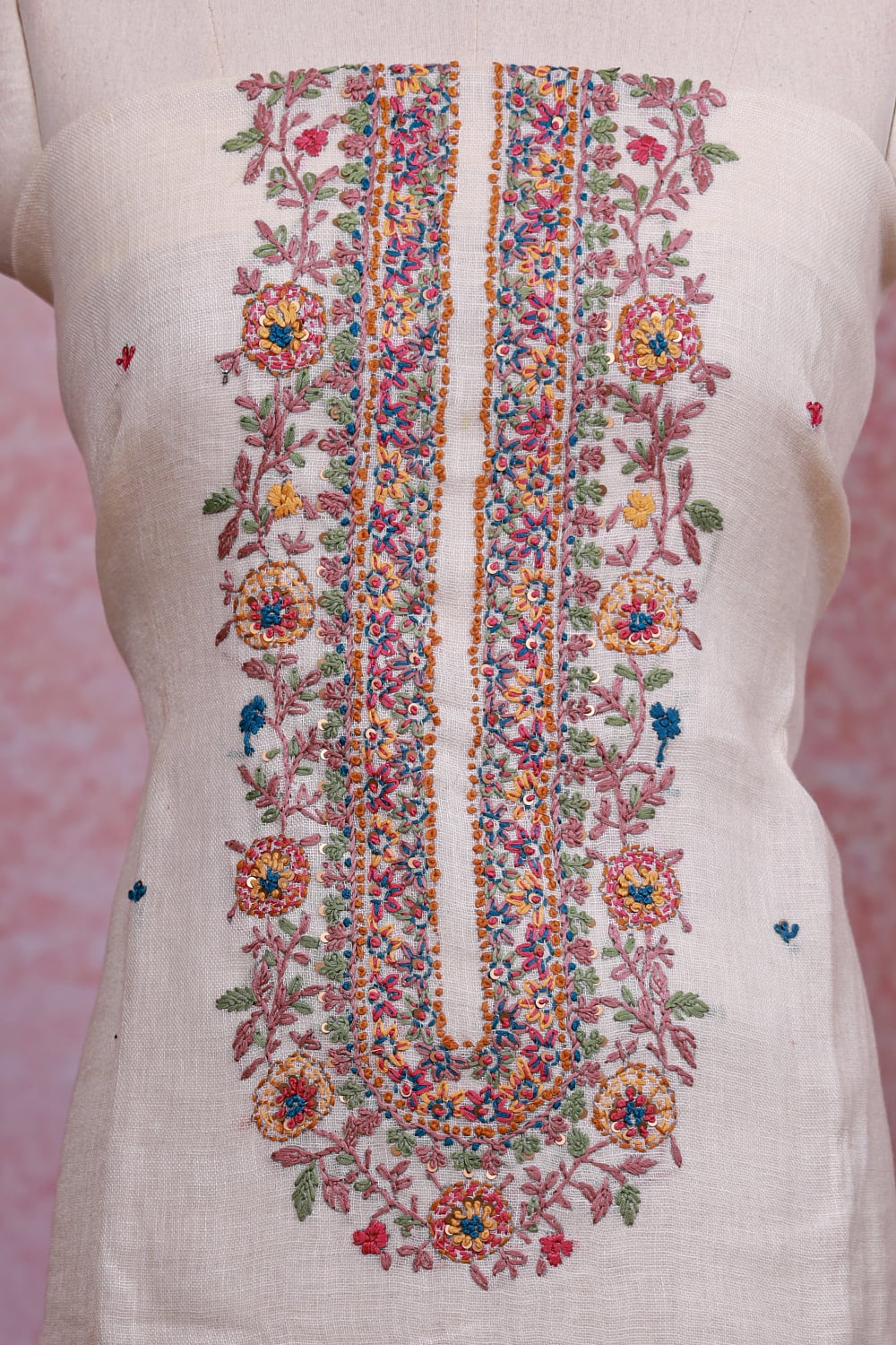 Cream Linen Embroidery Unstitched Churidhar Material