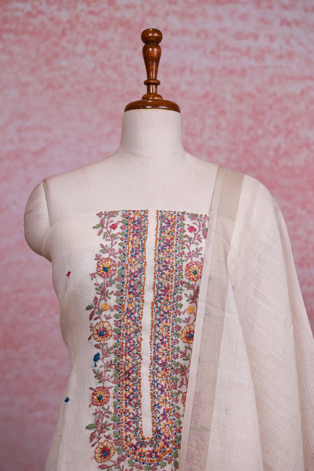 Cream Linen Embroidery Unstitched Churidhar Material