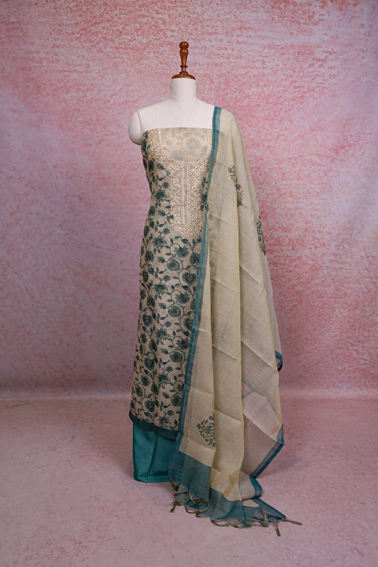 Cream Chanderi Tissue  Floral Printed Unstitched Churidhar Material - Seematti