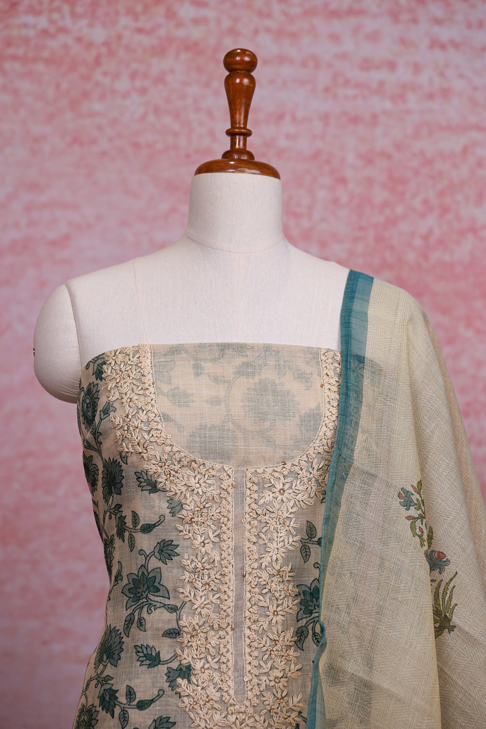 Cream Chanderi Tissue  Floral Printed Unstitched Churidhar Material