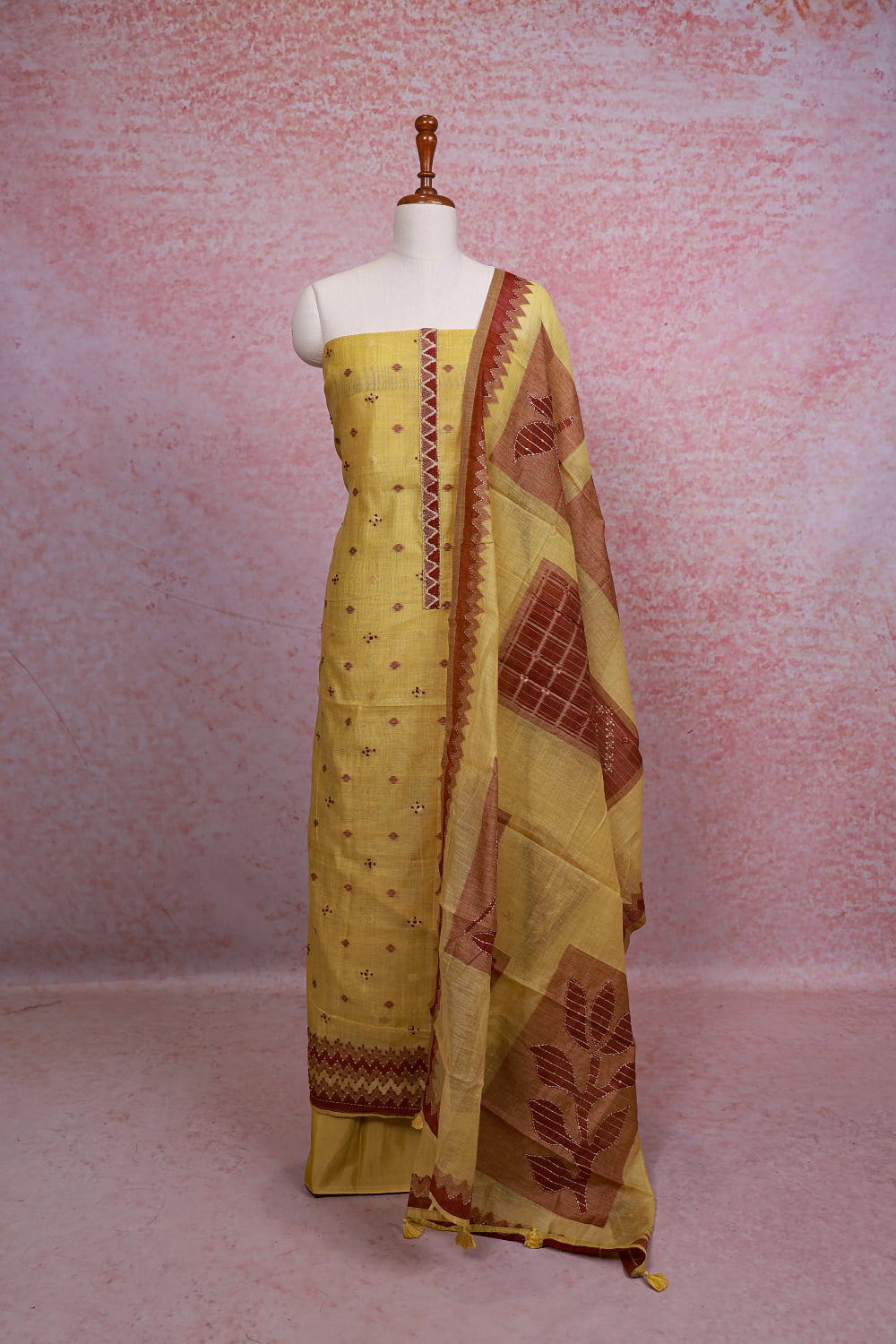 Lemon Yellow Chanderi Silk Kantha Work Unstitched Churidhar Material