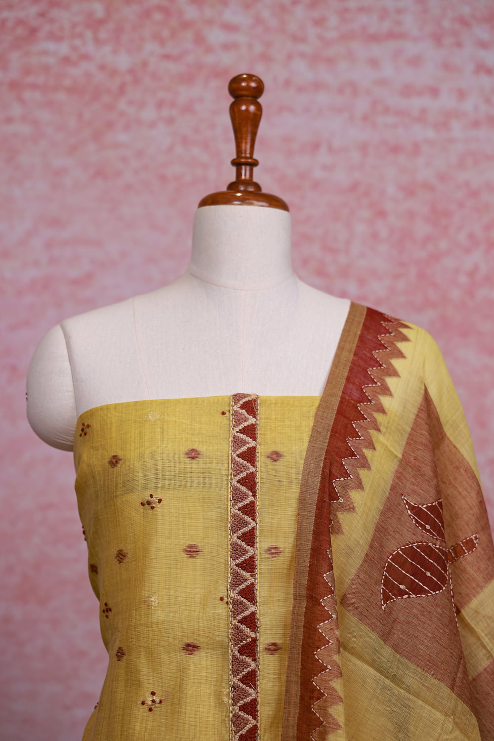 Lemon Yellow Chanderi Silk Kantha Work Unstitched Churidhar Material