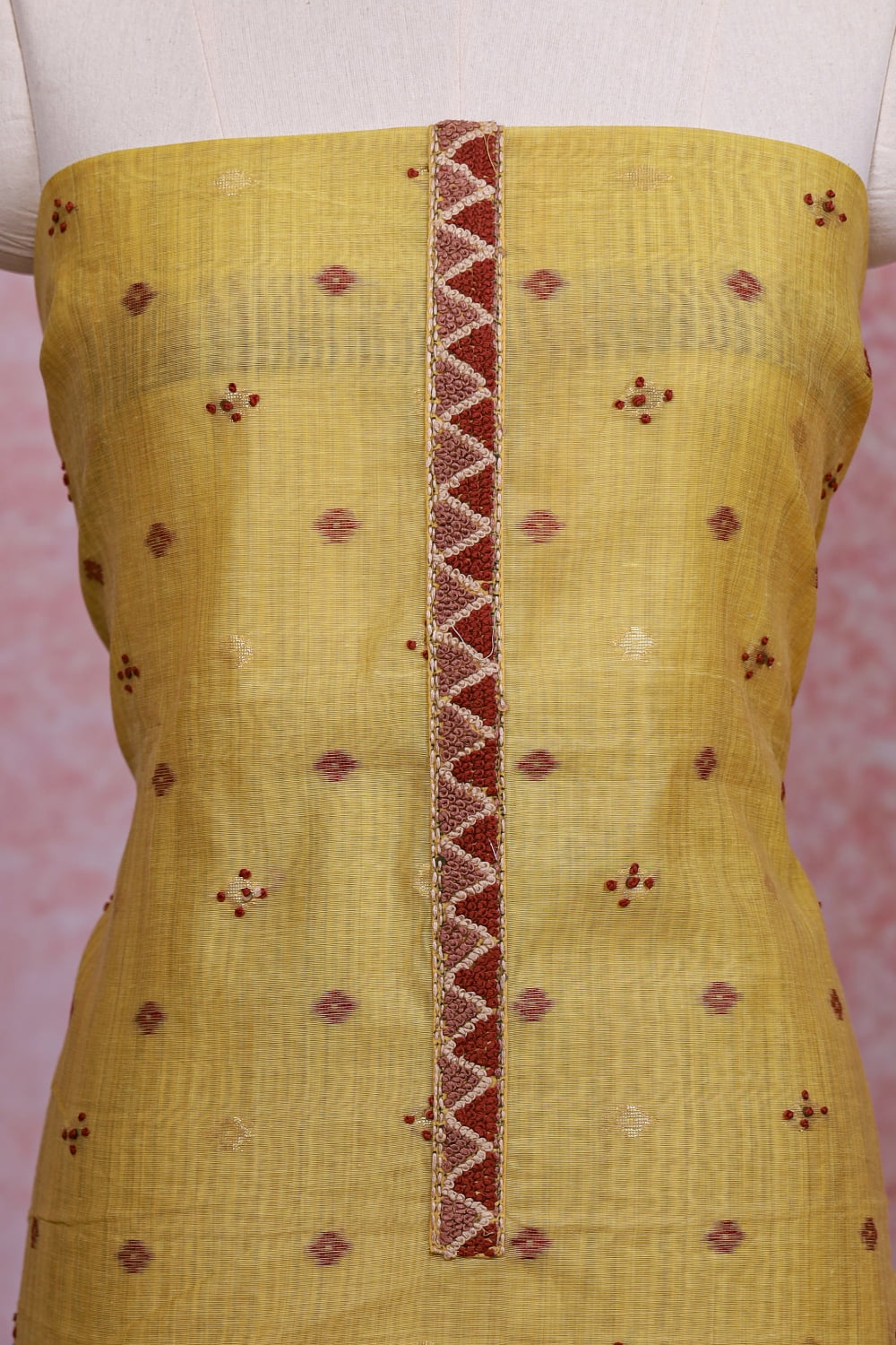 Lemon Yellow Chanderi Silk Kantha Work Unstitched Churidhar Material