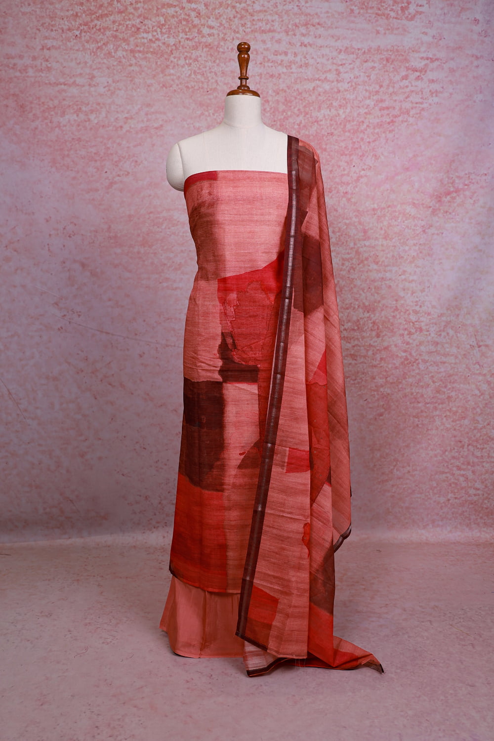Peach Linen Printed Unstitched Churidhar Material