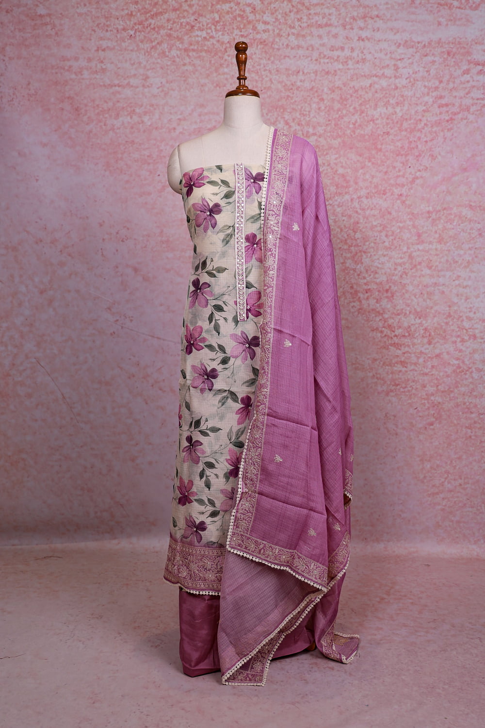 Off White Linen Floral Printed Unstitched Churidhar Material