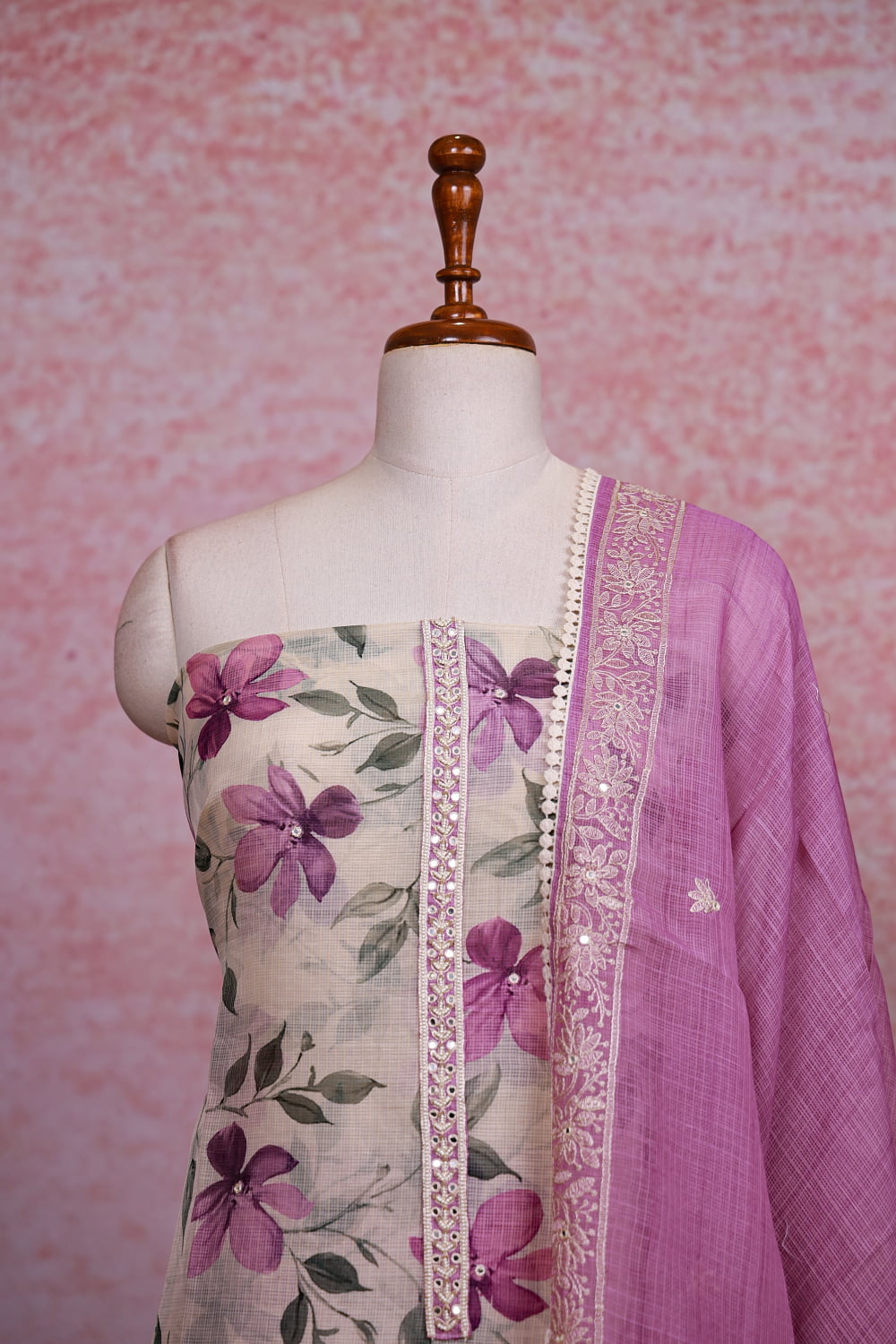 Off White Linen Floral Printed Unstitched Churidhar Material