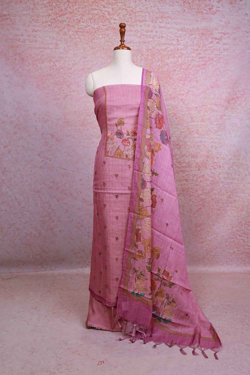 Onion Pink Linen Kantha Stitched Unstitched Churidhar Material
