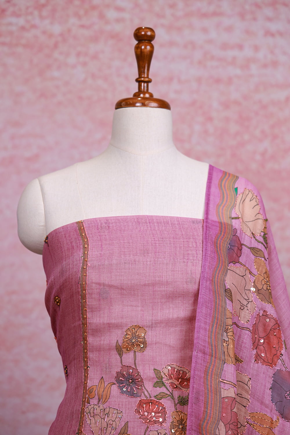 Onion Pink Linen Kantha Stitched Unstitched Churidhar Material
