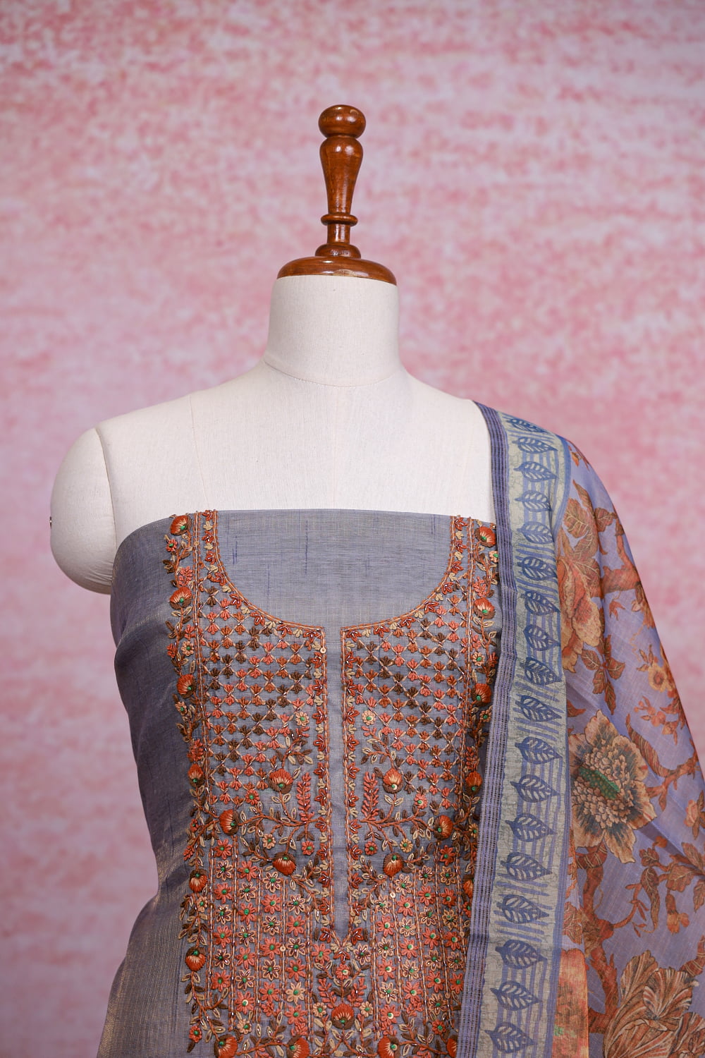Ash Linen Tissue Embroidery Unstitched Churidhar Material