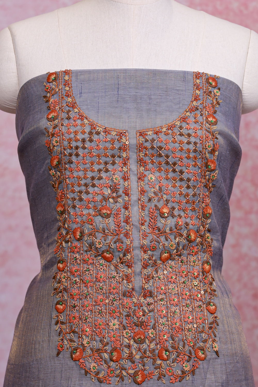 Ash Linen Tissue Embroidery Unstitched Churidhar Material