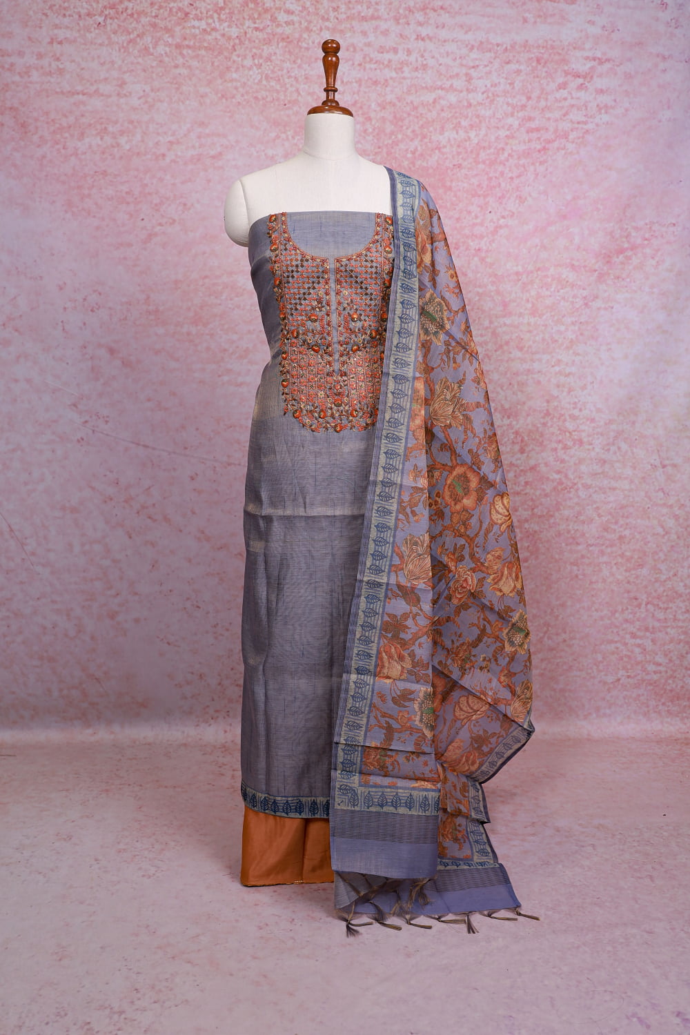 Ash Linen Tissue Embroidery Unstitched Churidhar Material