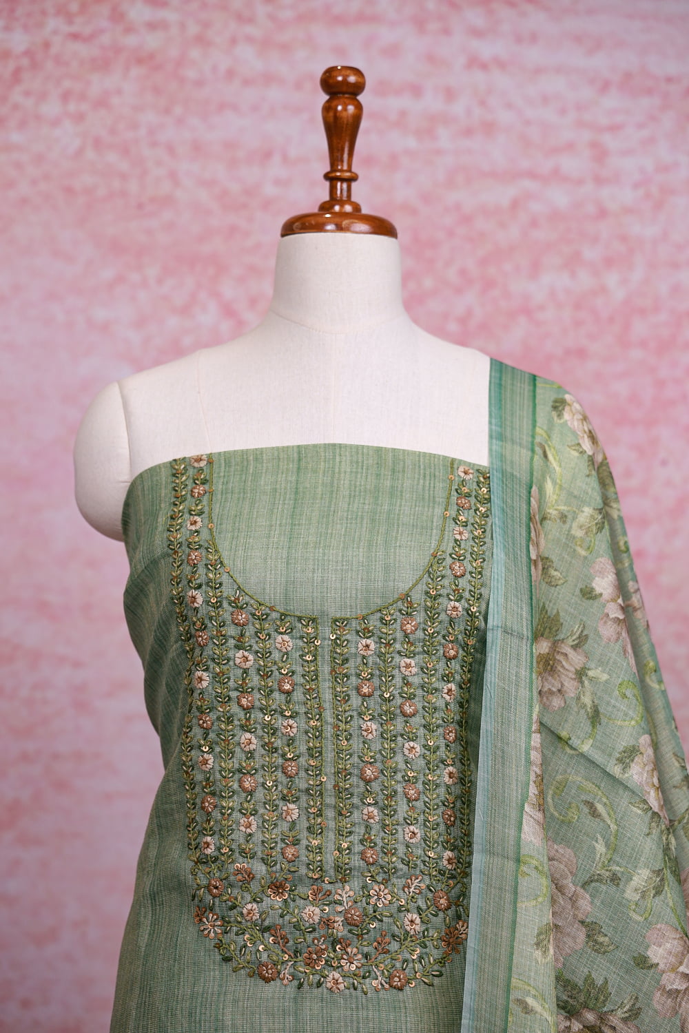 Green Linen Tissue Embroidery Unstitched Churidhar Material