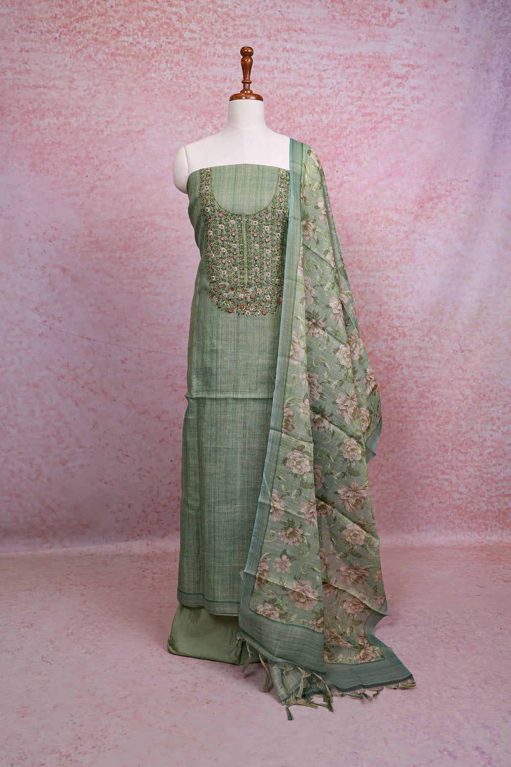 Green Linen Tissue Embroidery Unstitched Churidhar Material