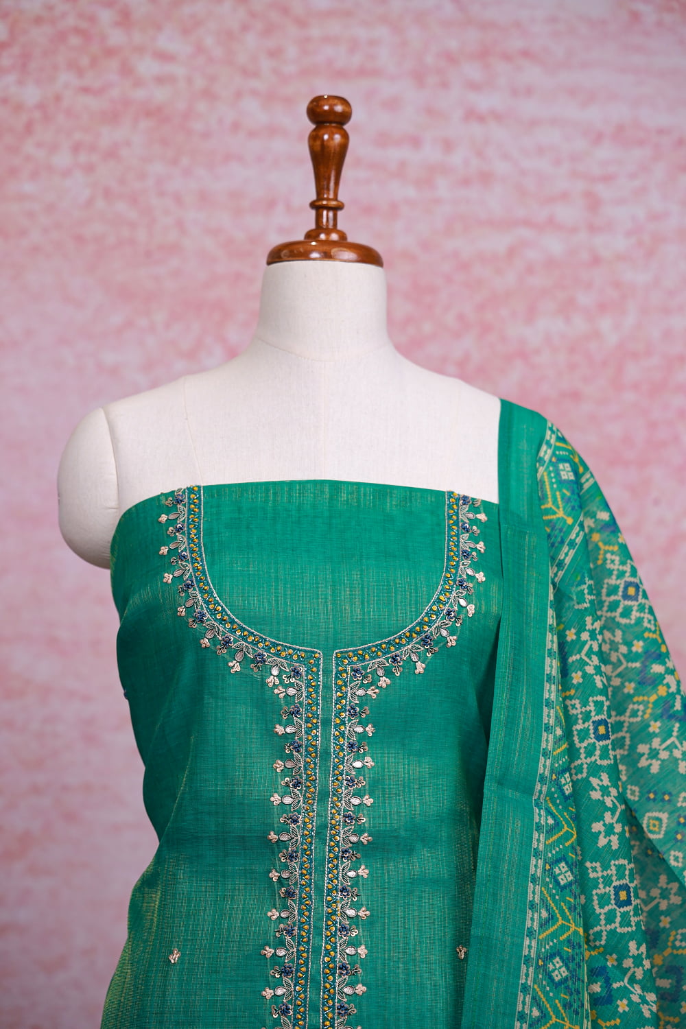 Green Chanderi Tissue Beads Work Unstitched Churidhar Material