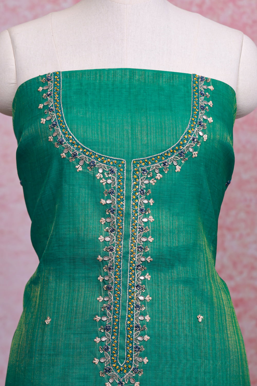 Green Chanderi Tissue Beads Work Unstitched Churidhar Material