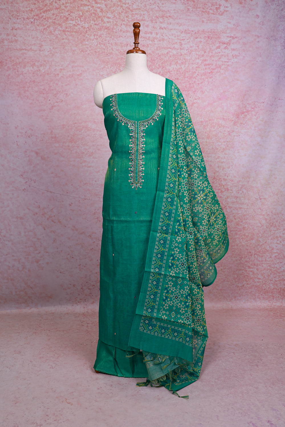 Green Chanderi Tissue Beads Work Unstitched Churidhar Material