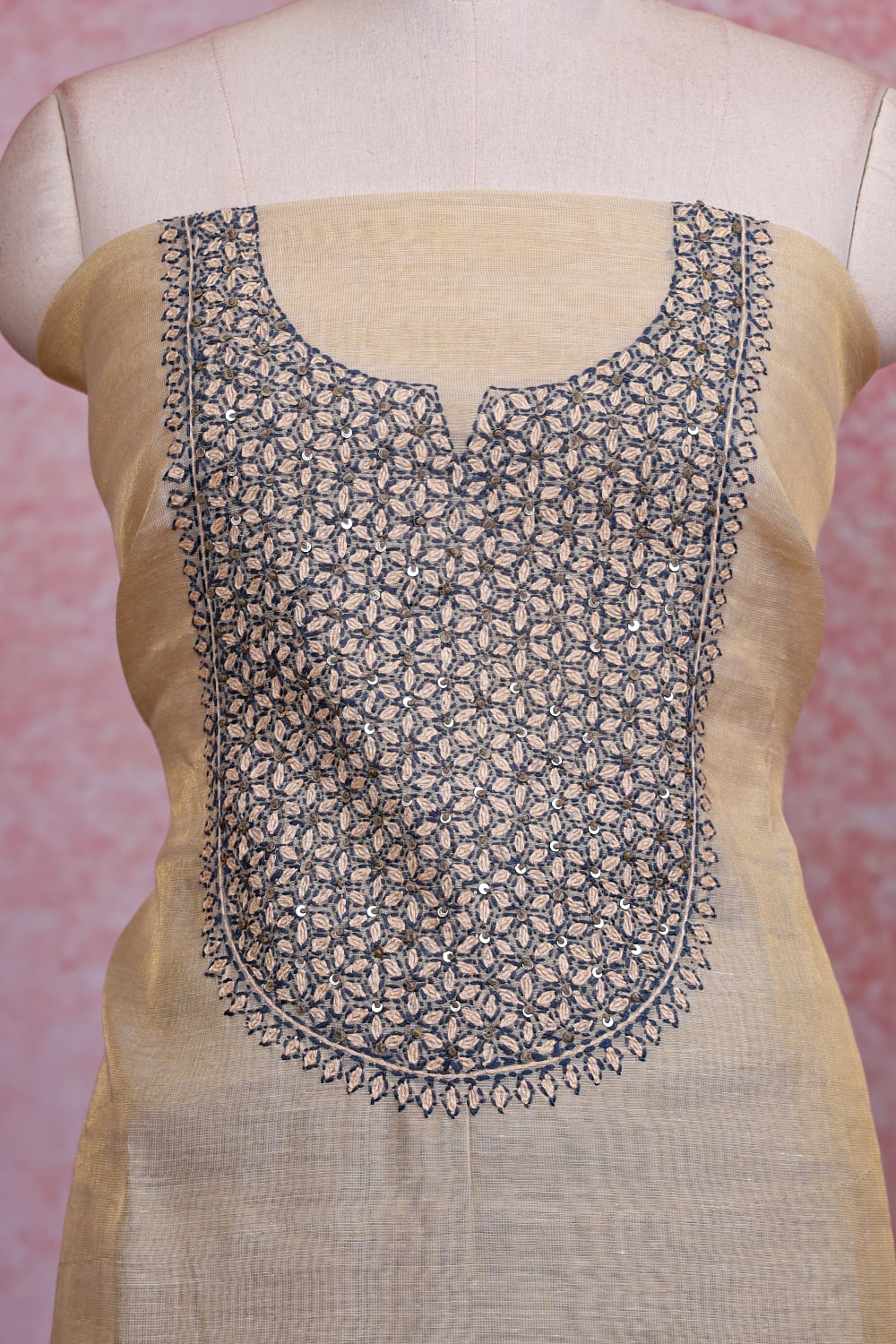 Cream Chanderi Silk Plain Body Unstitched Churidhar Material