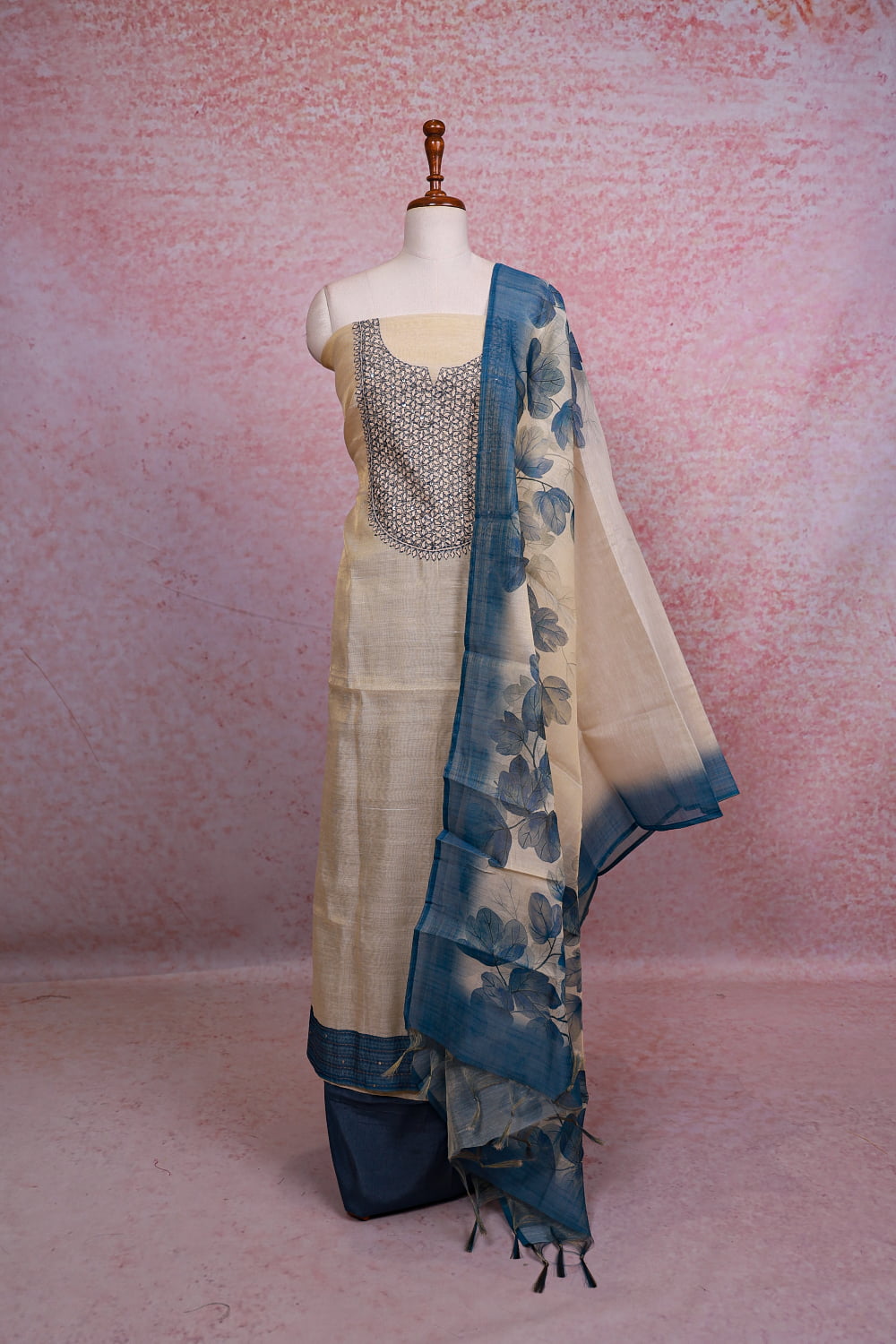 Cream Chanderi Silk Plain Body Unstitched Churidhar Material