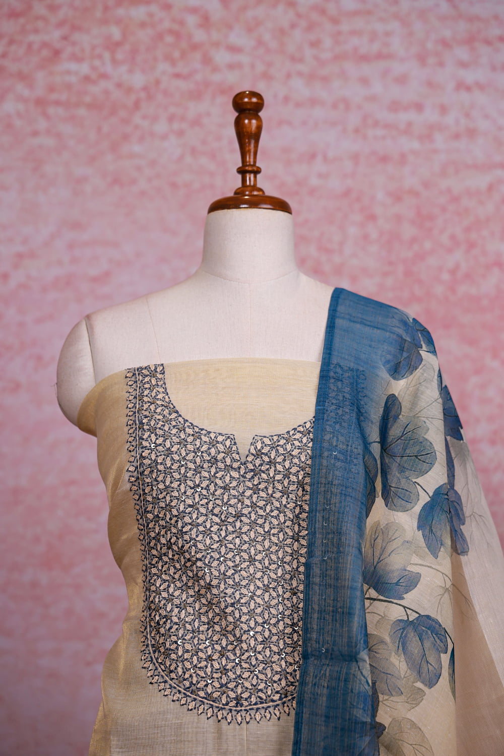 Cream Chanderi Silk Plain Body Unstitched Churidhar Material