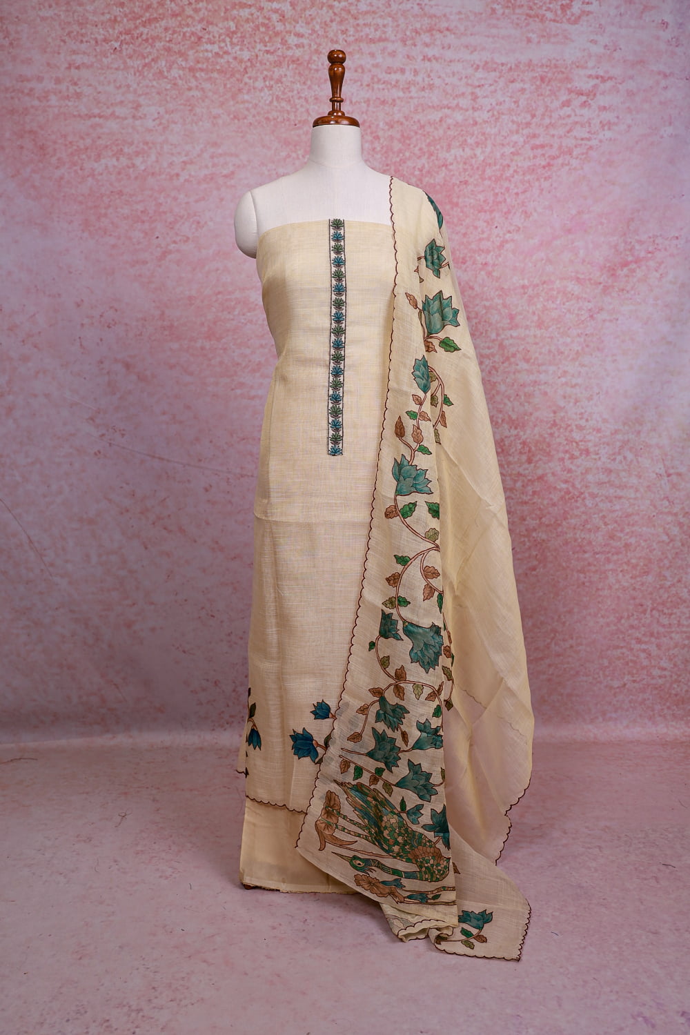 Cream Chanderi Tissue Plain Body Unstitched Churidhar Material