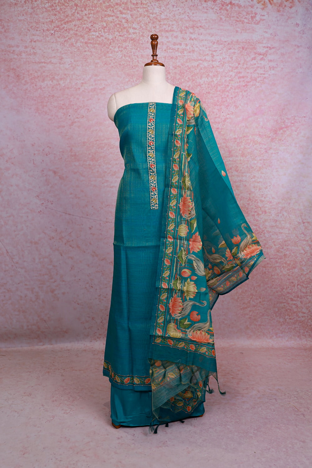 Sapphire Green Chanderi Tissue Plain Body Unstitched Churidhar Material