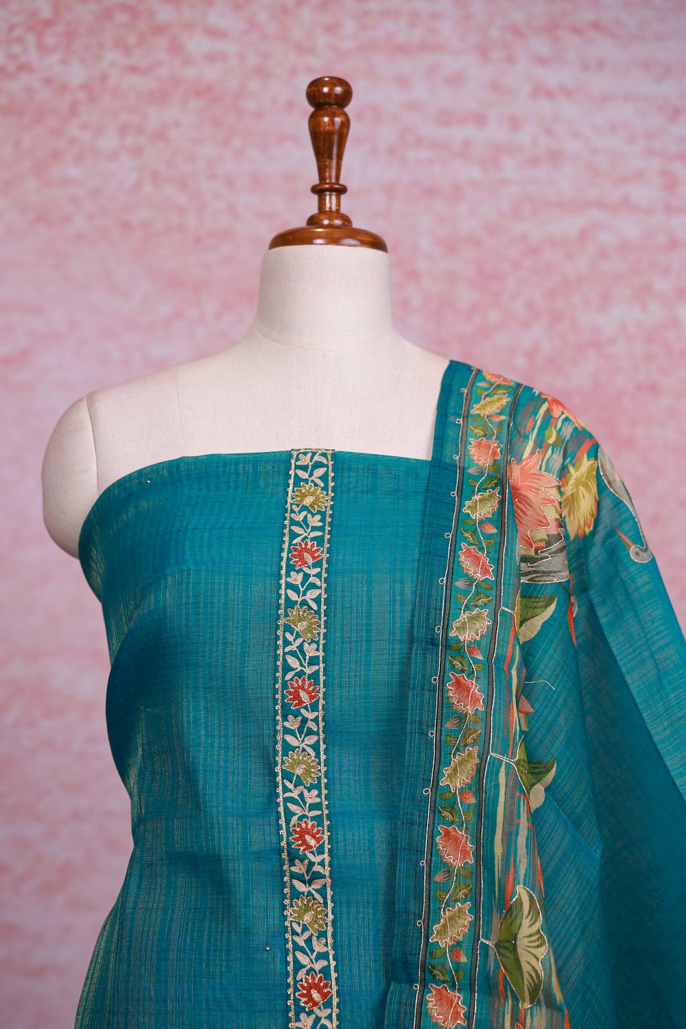 Sapphire Green Chanderi Tissue Plain Body Unstitched Churidhar Material