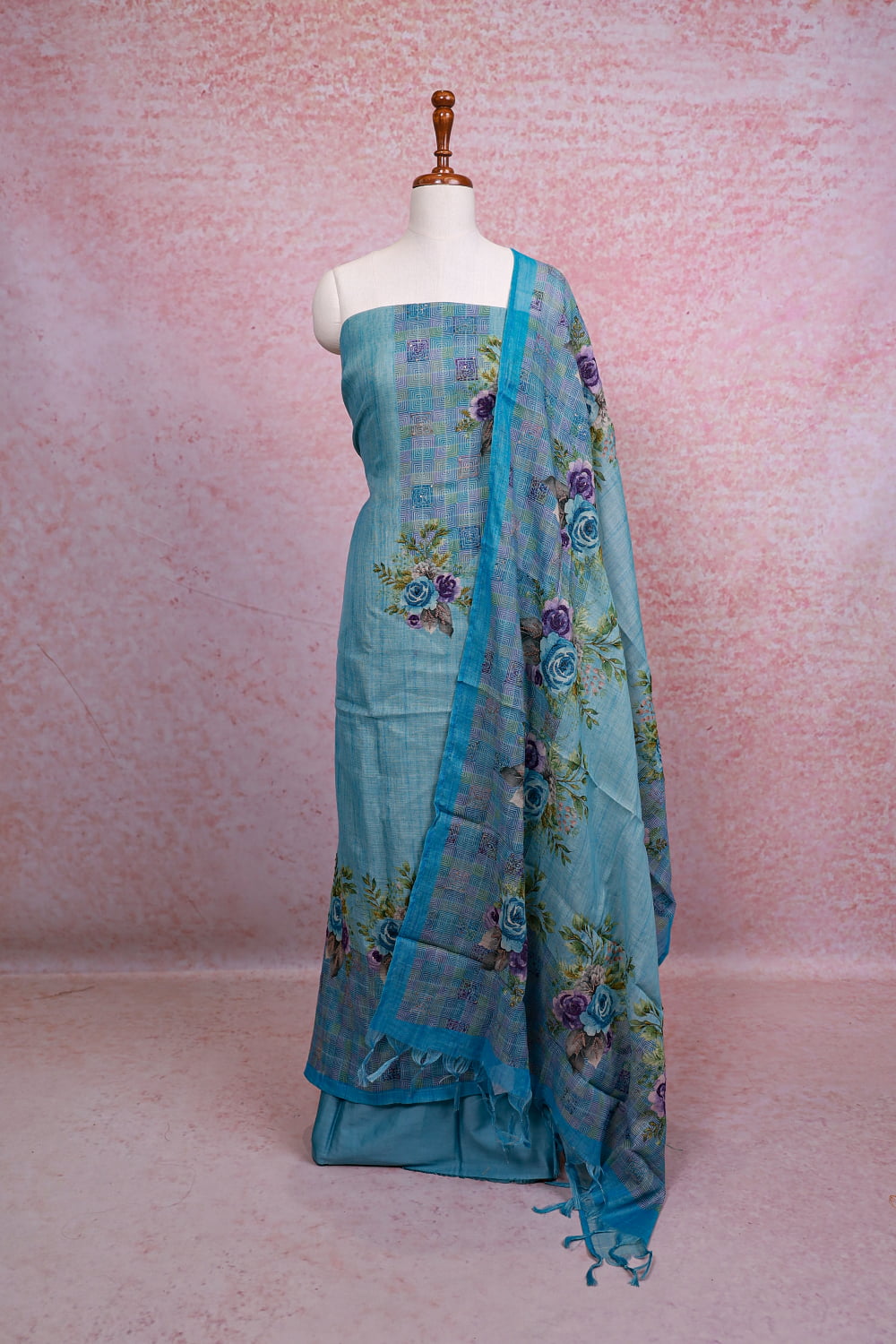 Sky Blue Linen Embroidery Unstitched Churidhar Material