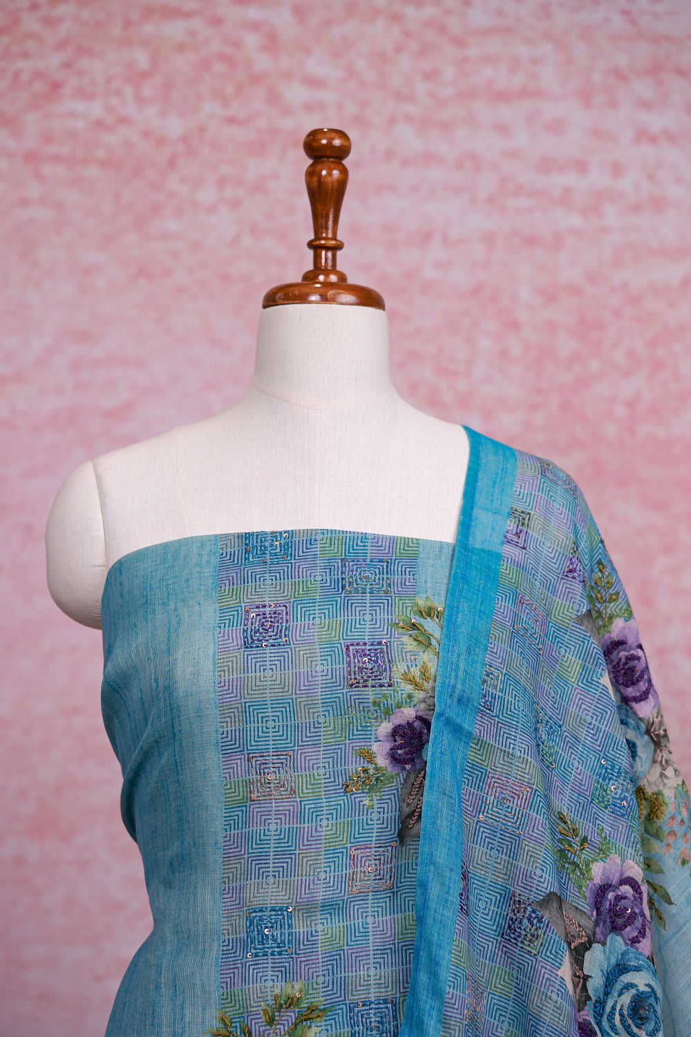 Sky Blue Linen Embroidery Unstitched Churidhar Material
