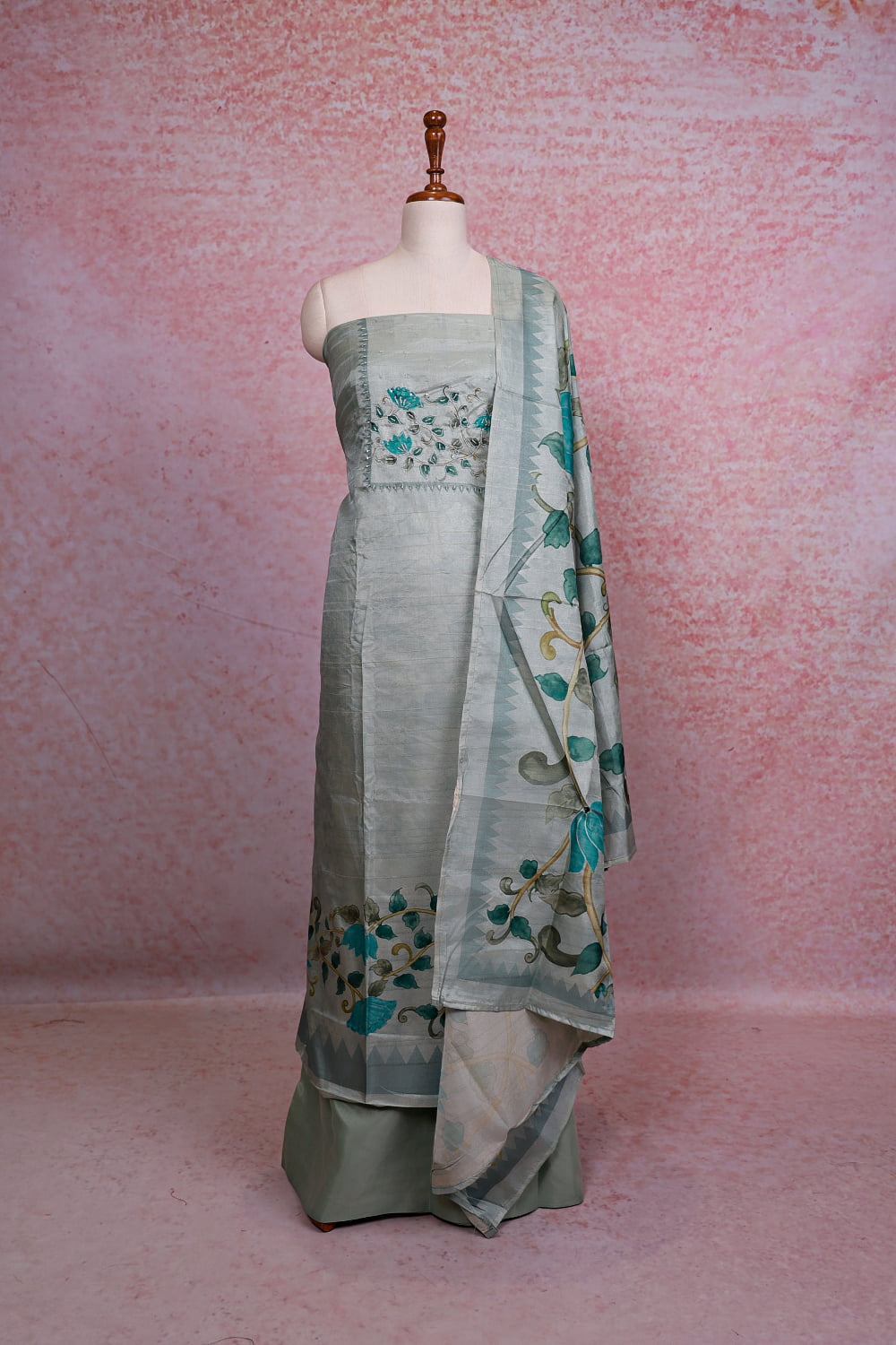 Grey Semi Silk Stripes Unstitched Churidhar Material