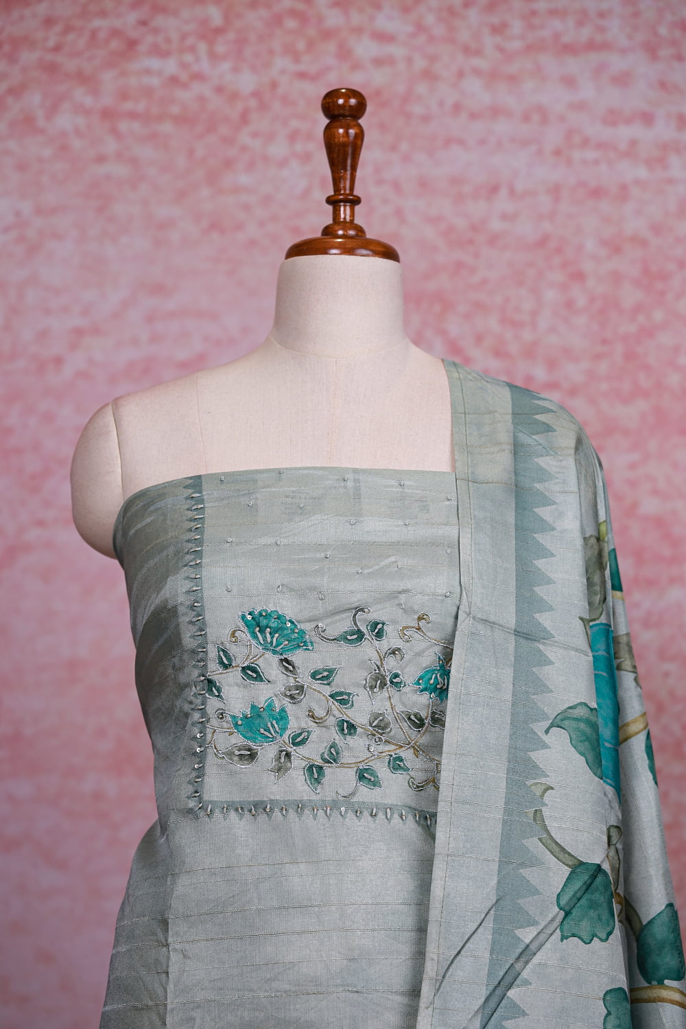 Grey Semi Silk Stripes Unstitched Churidhar Material