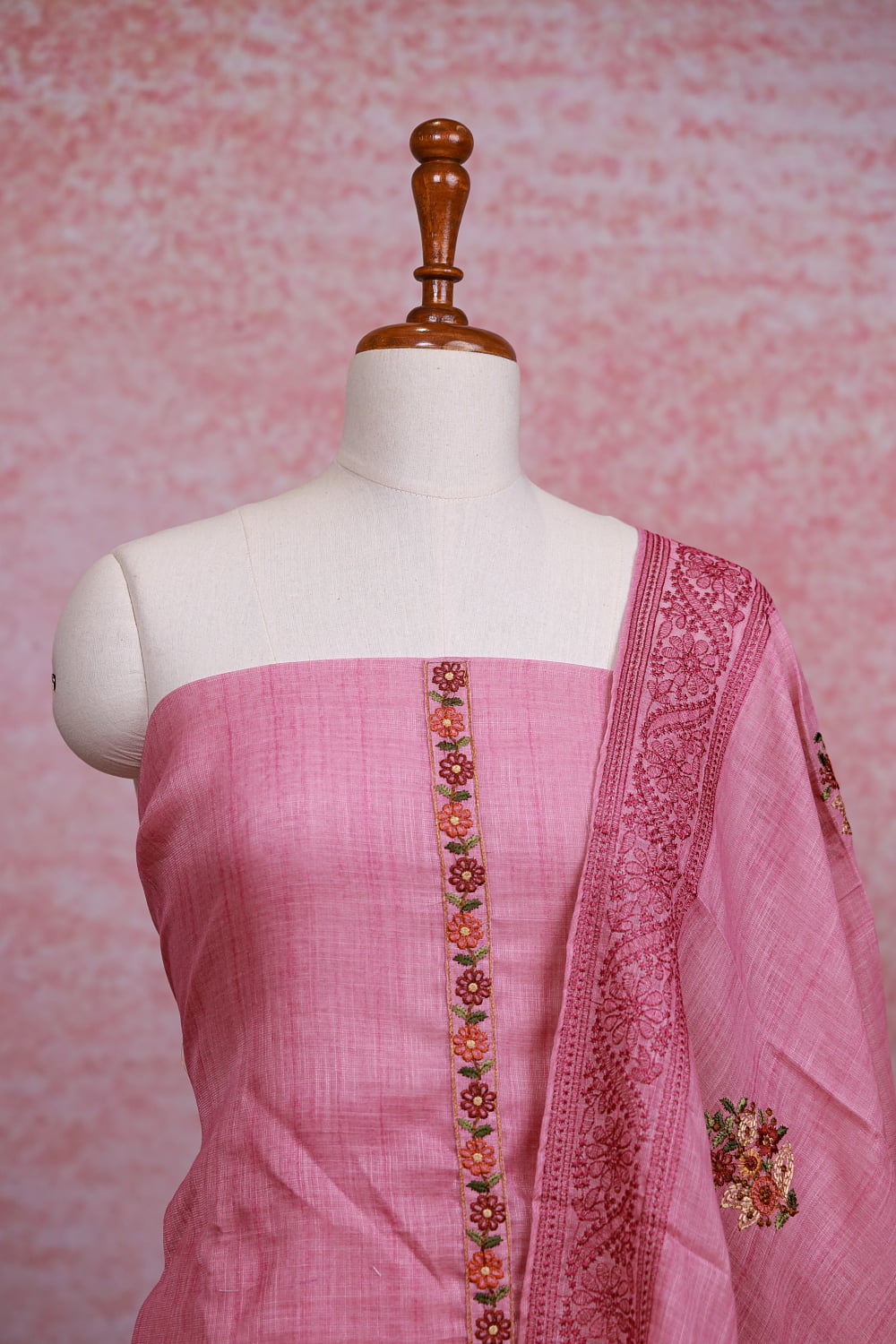Pink Linen Embroidery Unstitched Churidhar Material