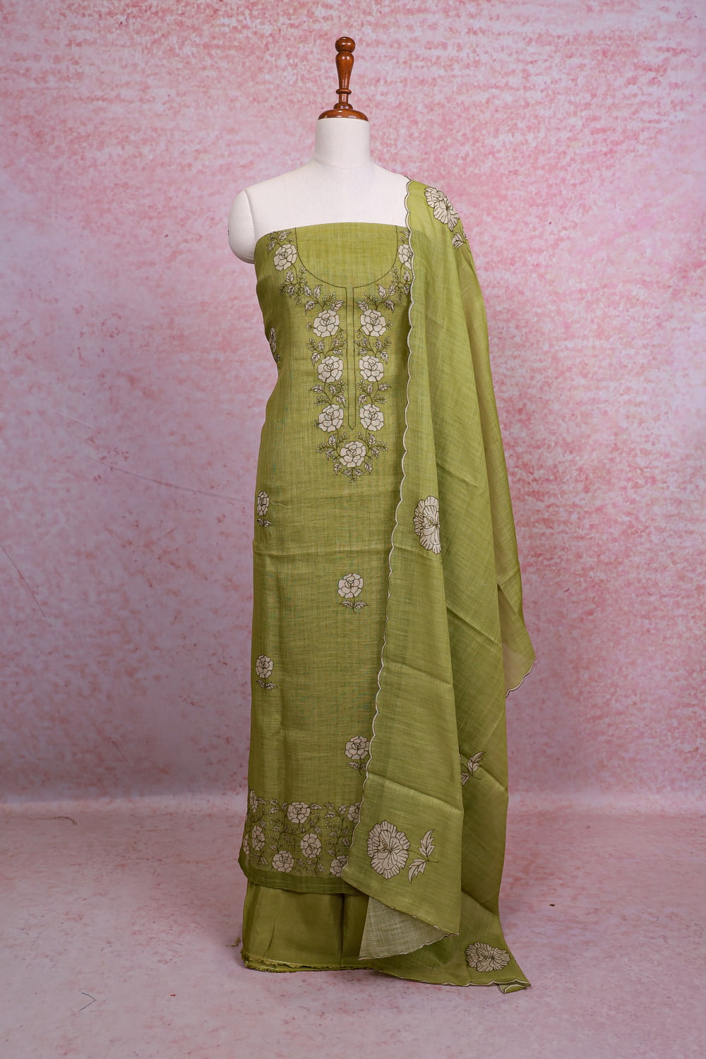 Mehandi Green Linen Printed Unstitched Churidhar Material