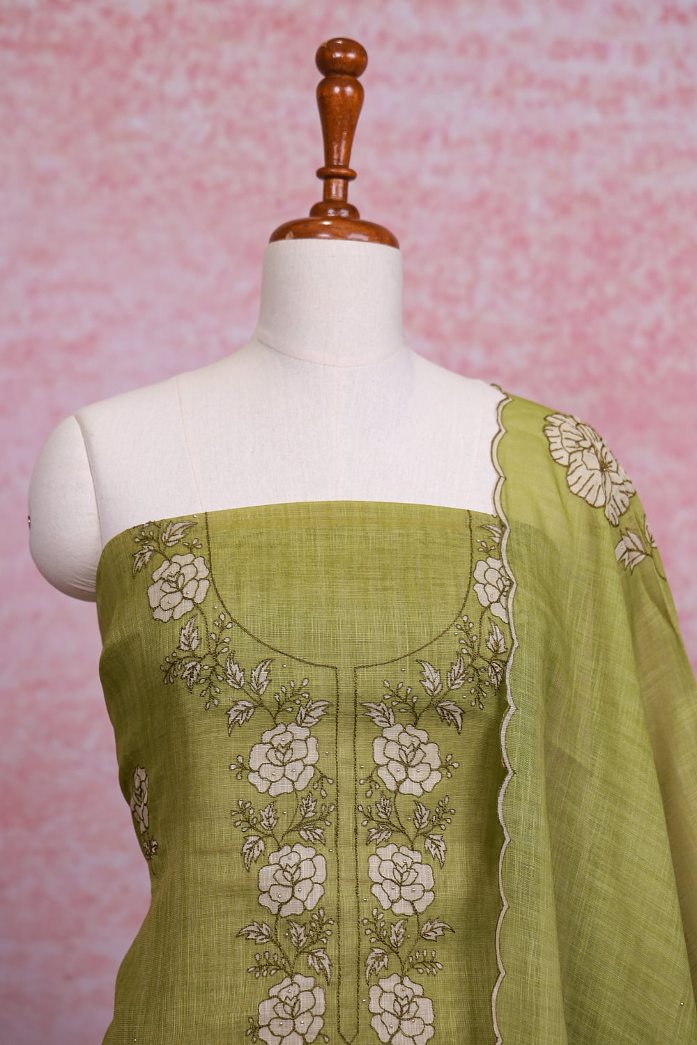 Mehandi Green Linen Printed Unstitched Churidhar Material