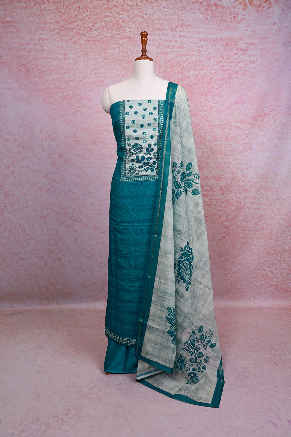 Green Semi Silk Self Printed Unstitched Churidhar Material