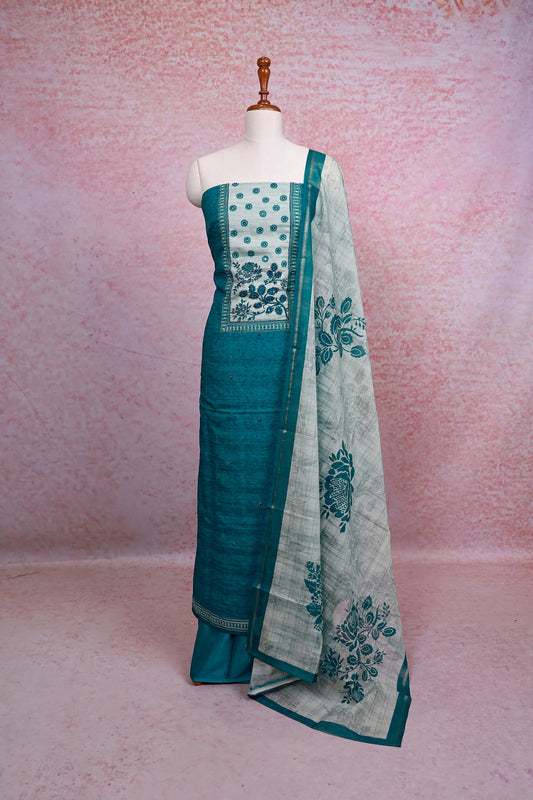 Green Semi Silk Self Printed Unstitched Churidhar Material - Seematti
